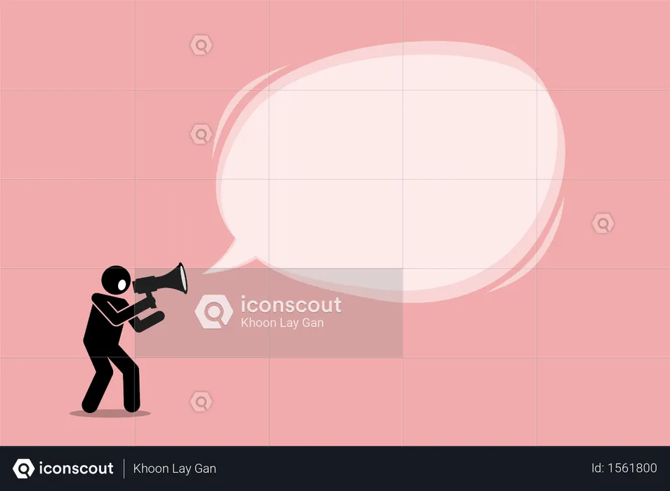 Person talking and shouting using a megaphone to promote, call, and tell an important announcement in a big promotional bubble speech message  Illustration