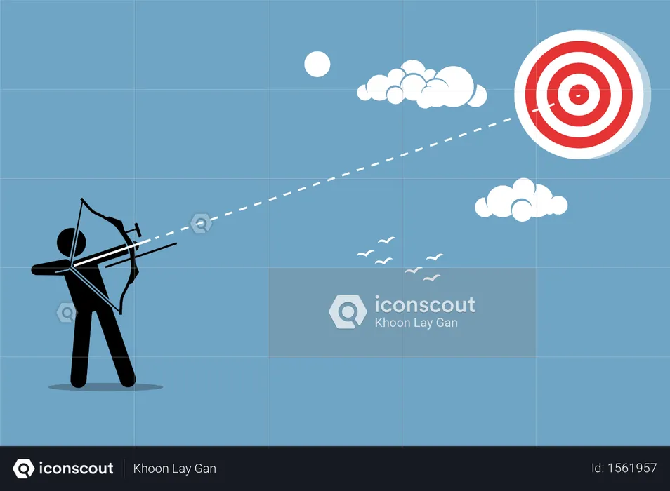 Person using a bow to aim and shoot an arrow to a target in the sky  Illustration