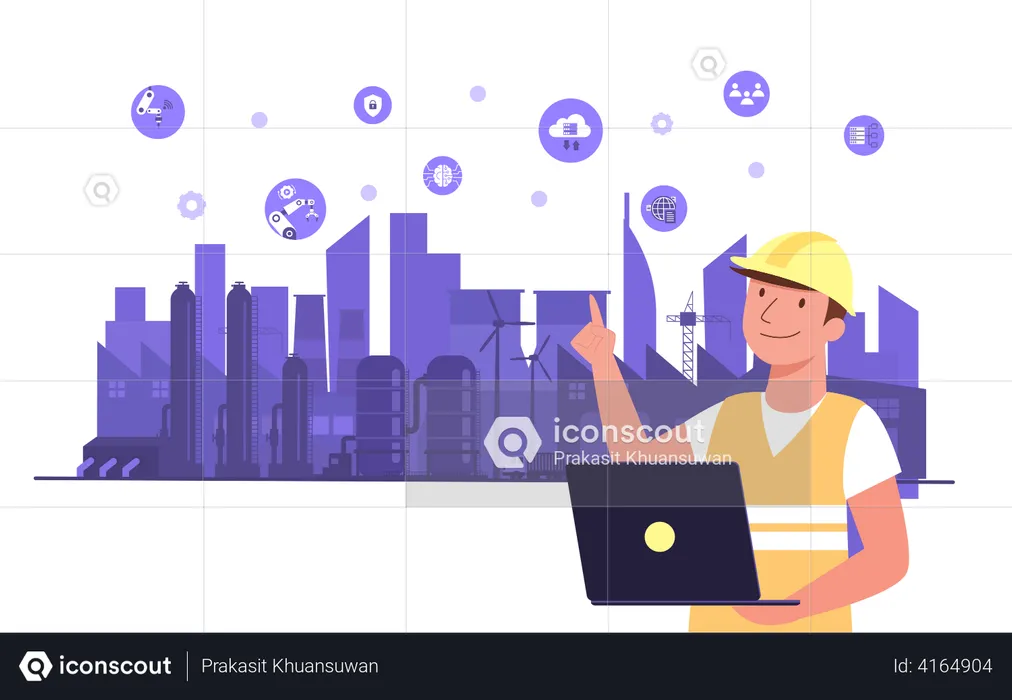 Person using wireless technology to control Factory  Illustration