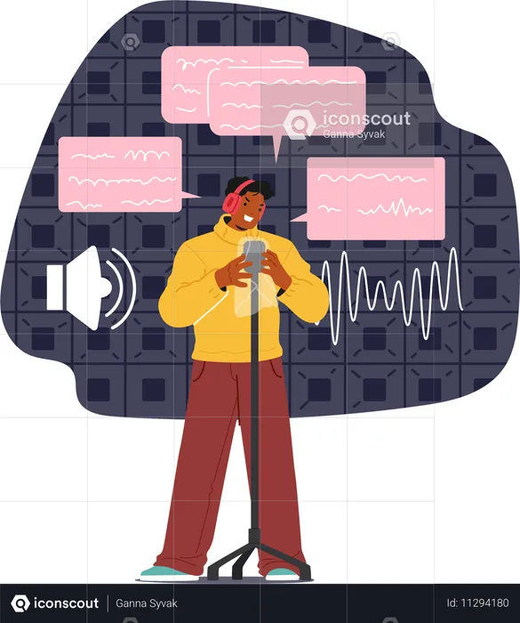 Person Wearing Headphones Holding  Script Stands Before  Microphone Surrounded By Speech Bubbles And Sound Waves  Illustration