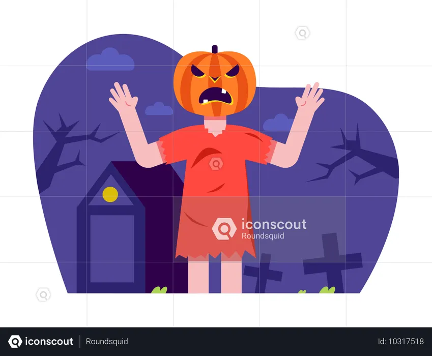 ハロウィーンの仮装パーティーでカボチャの顔をしている人  イラスト