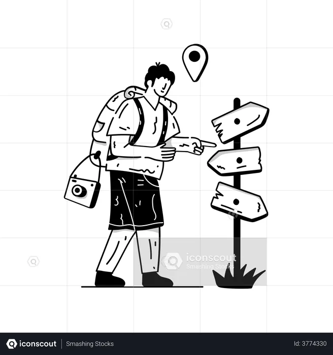 Person with backpack and signboard looking way  Illustration