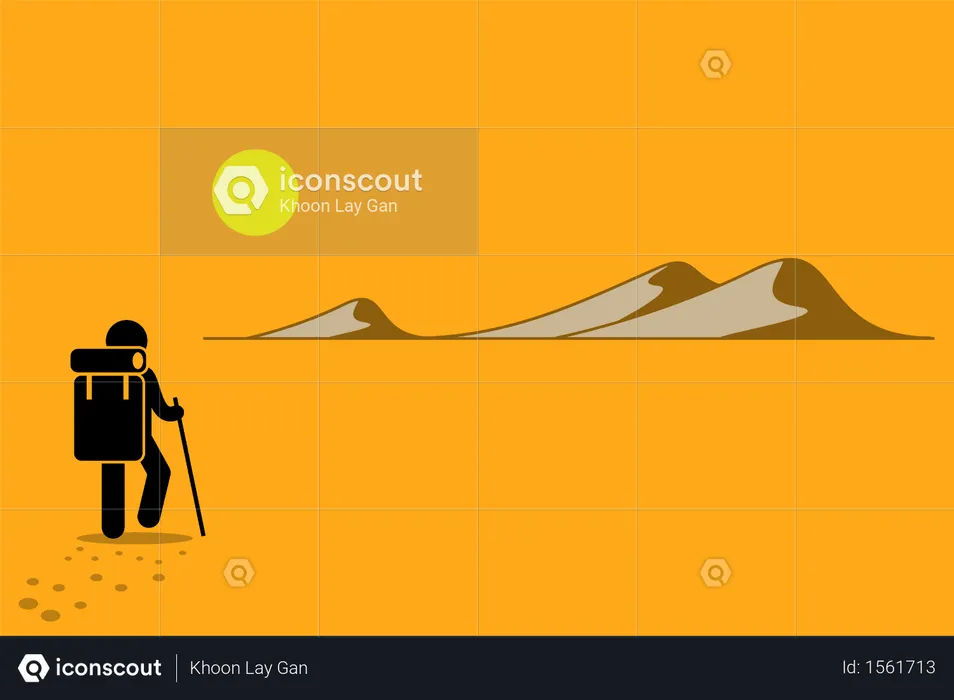 Person with backpack and stick walking in the desert under the hot sun searching for adventure  Illustration
