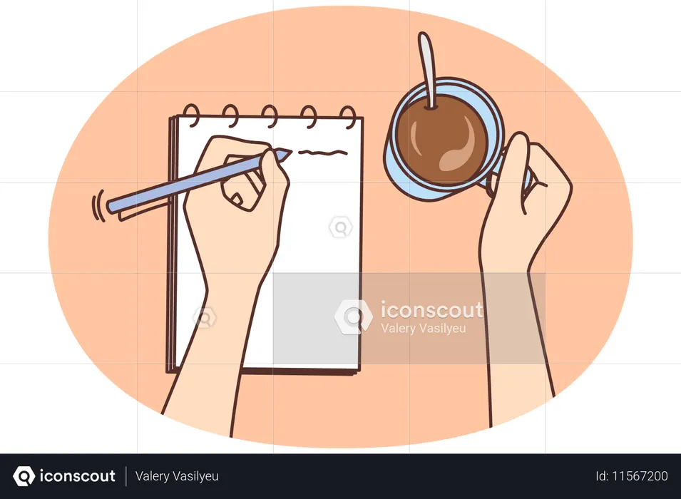 コーヒーを飲みながらメモ帳に書き込む人  イラスト