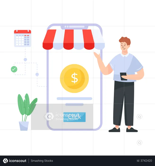 Persona que paga en línea a través de una aplicación para teléfono inteligente  Ilustración