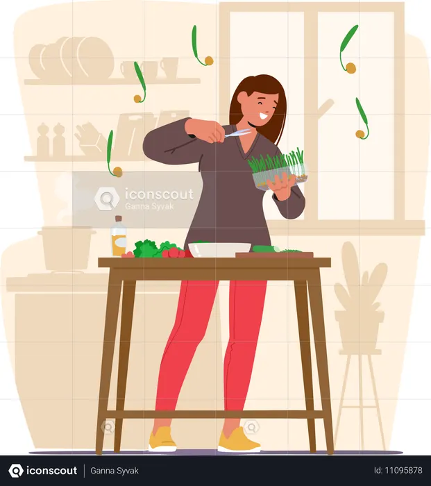 Personagem feminina joga meticulosamente microgreens vibrantes em uma tigela, adicionando ingredientes frescos com cuidado  Ilustração