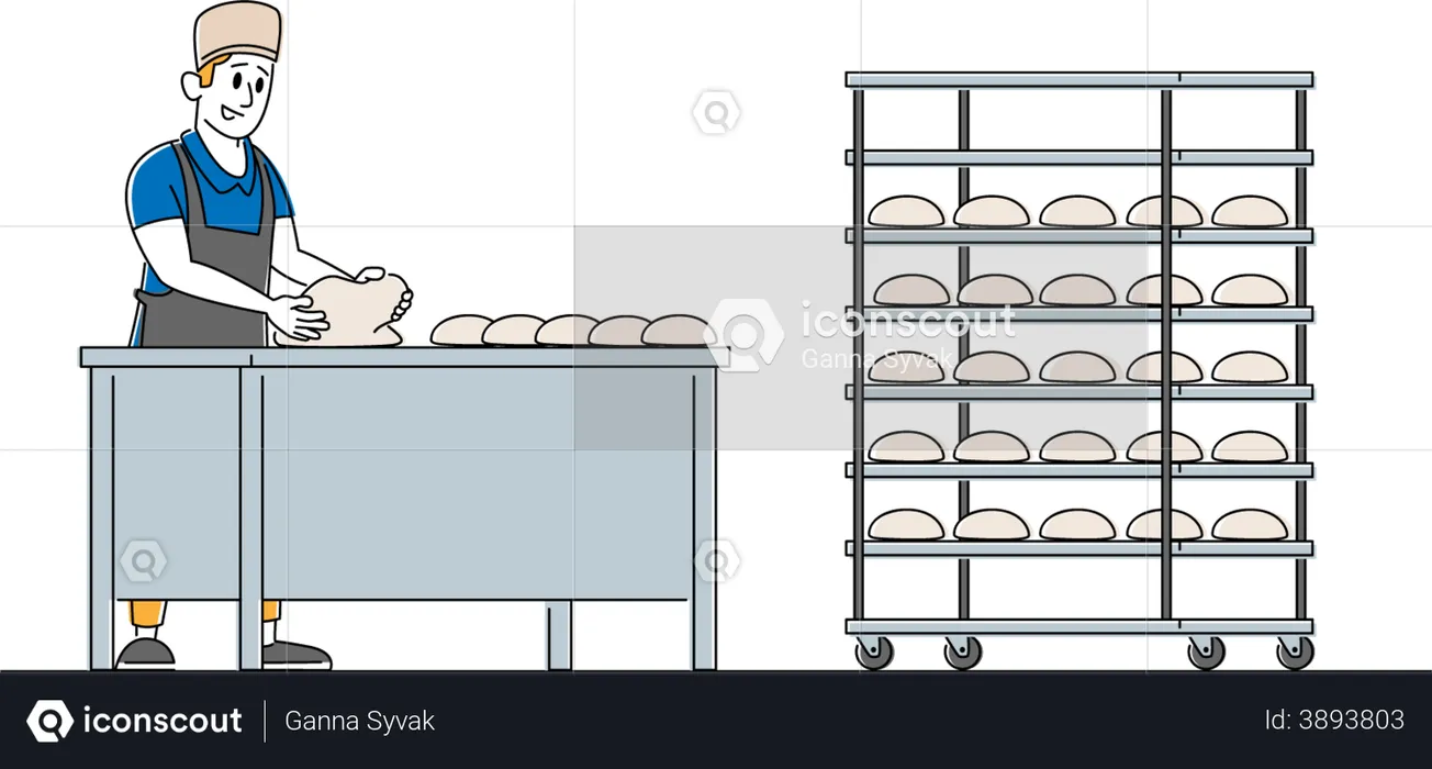 Personagem padeiro masculino amassando massa na mesa para assar pão  Ilustração