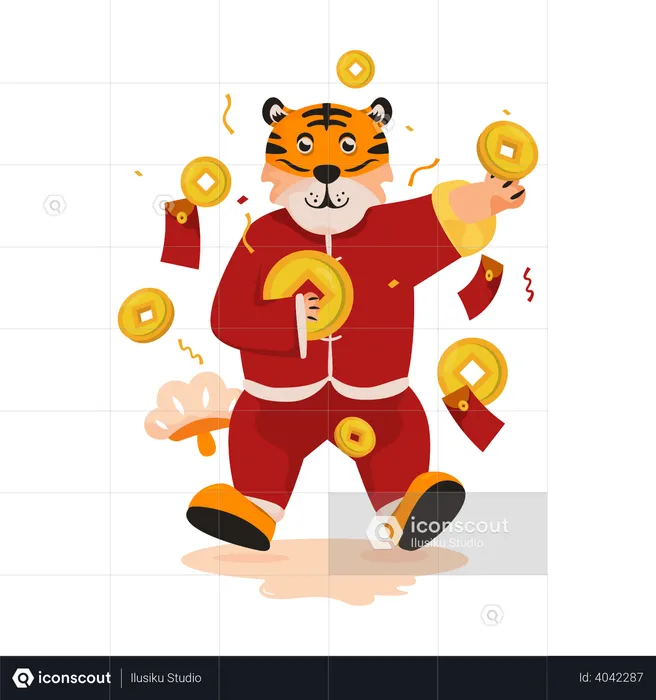 Personagem tigre com moeda chinesa  Ilustração