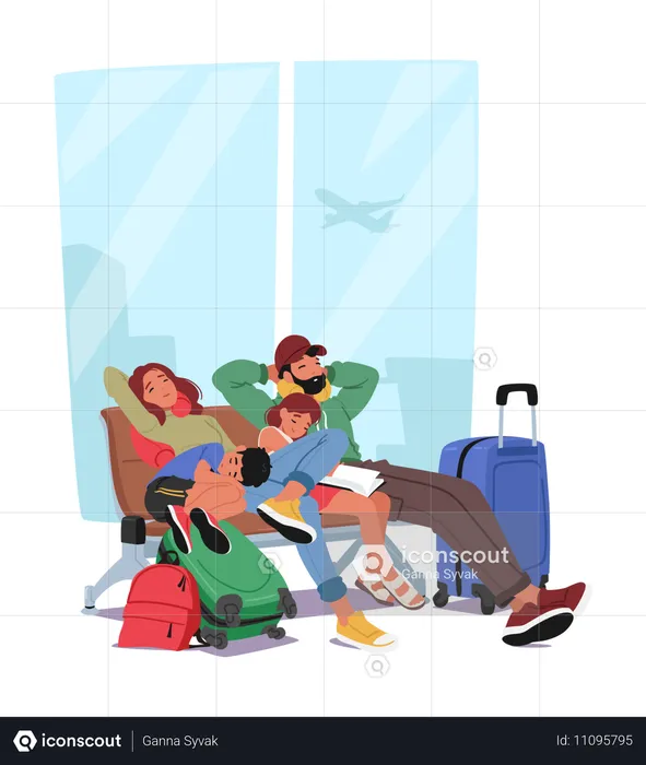 Personagens da família reunidos em banco no aeroporto com suas bagagens  Ilustração