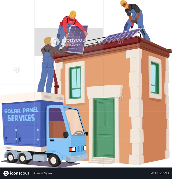 Personagens de trabalhadores instalando painéis solares no telhado de uma casa com um caminhão de serviço por perto  Ilustração