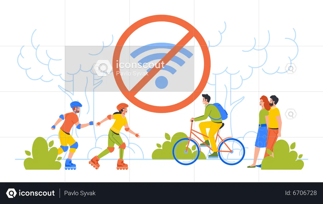 Personagens masculinos e femininos descansando no parque da cidade sem internet  Ilustração