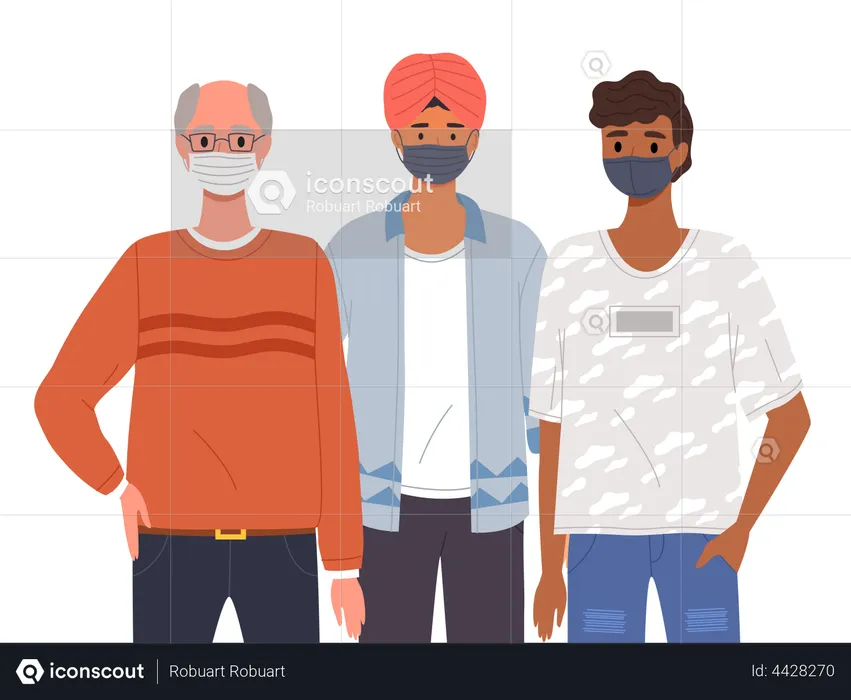 Personagens masculinos usam máscaras médicas. Coronavírus durante o tempo de ilustração vetorial pandêmica  Ilustração