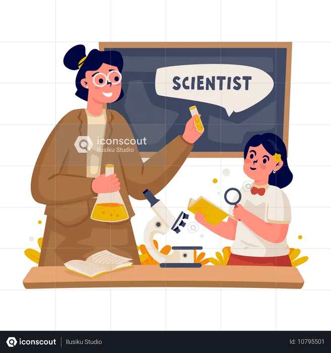 Personagens de professores e alunos que estão estudando química prática  Ilustração