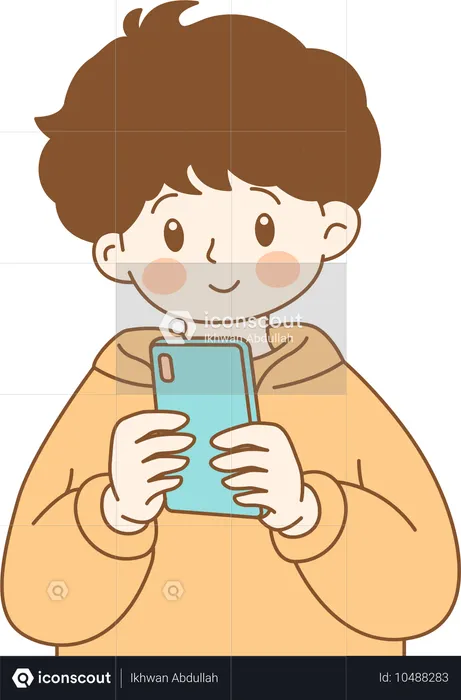 Lindo personaje de niño usando un dispositivo móvil  Ilustración