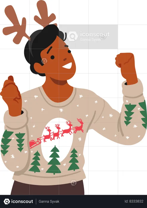 Personaje de hombre alegre con un acogedor suéter navideño y una diadema festiva de ciervo  Ilustración