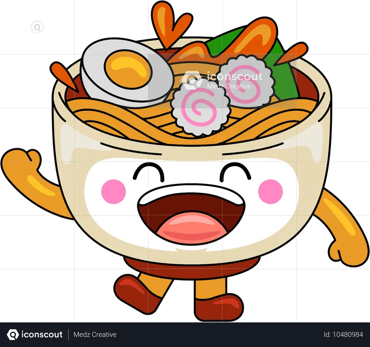 Personaje de mascota de ramen saludando con la mano  Ilustración