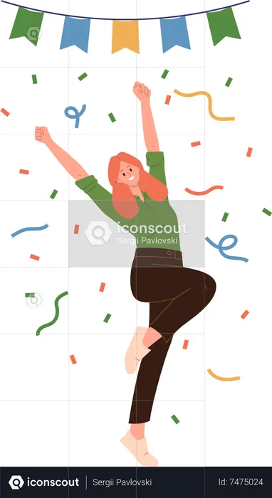 Personaje de mujer feliz celebrando la victoria o el logro de una meta saltando de alegría y diversión bajo confeti  Ilustración