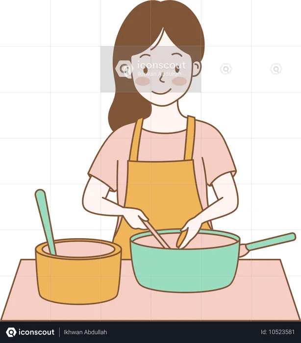 Personaje femenino cocinando con sartén en la cocina  Ilustración