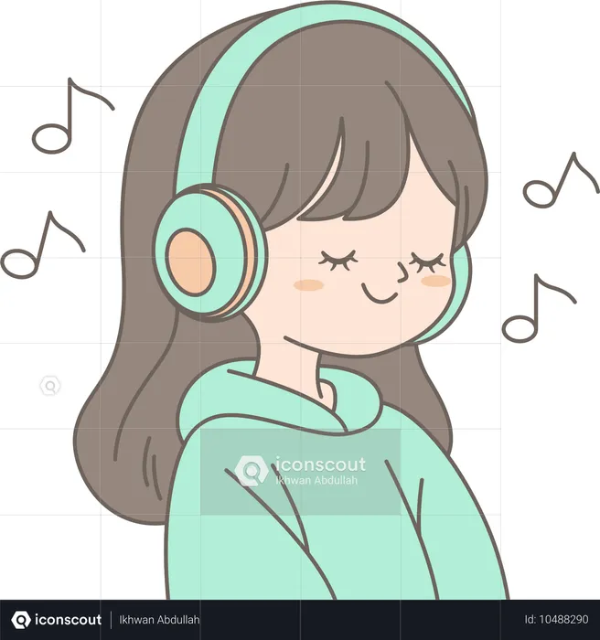 Personaje de niña escuchando música con auriculares  Ilustración