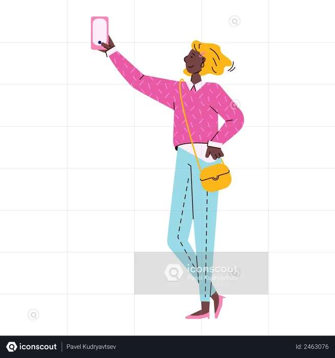 Personaje de chica o mujer joven de moda haciendo una foto selfie usando un teléfono móvil  Ilustración