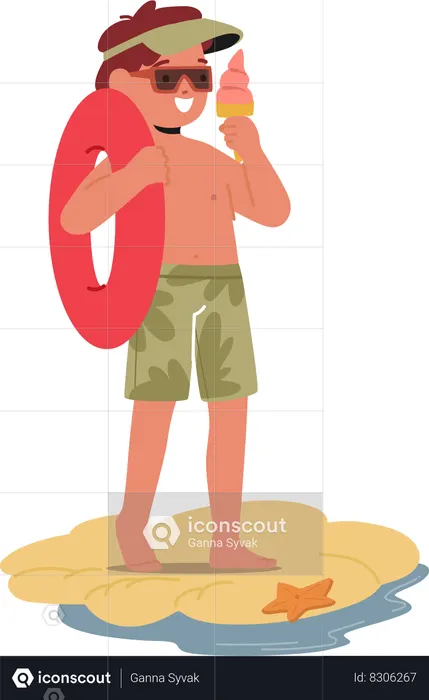Personaje de niño lindo agarrando un anillo inflable y disfrutando de un cono de helado dulce  Ilustración