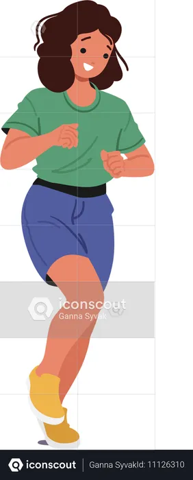 Personaje de una jovencita trotando sonriendo y vistiendo una camiseta verde  Ilustración