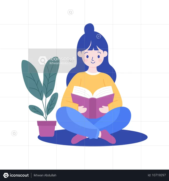 Personaje de una linda chica nerd sentada leyendo un libro en la biblioteca  Ilustración