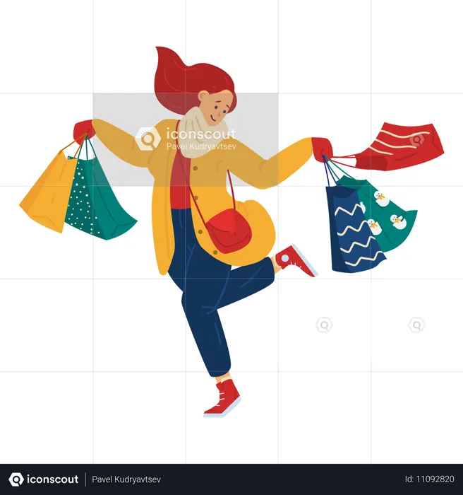 Personaje femenino de compras de temporada de invierno.  Ilustración