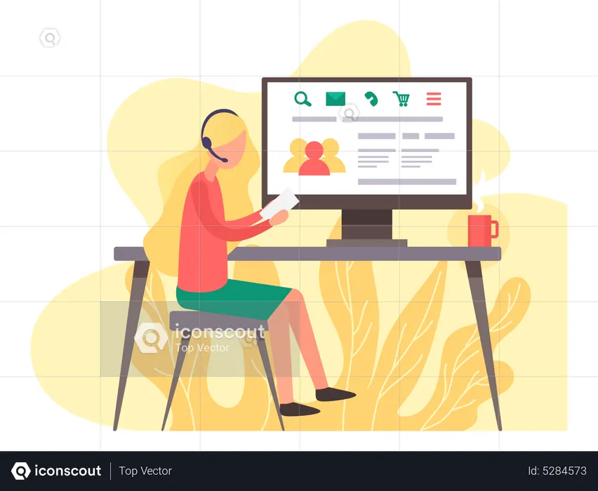 El personaje femenino está trabajando en el call center.  Ilustración