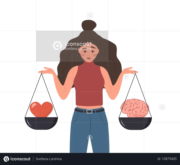 Personaje femenino mirando el cerebro y el corazón en un balancín  Ilustración