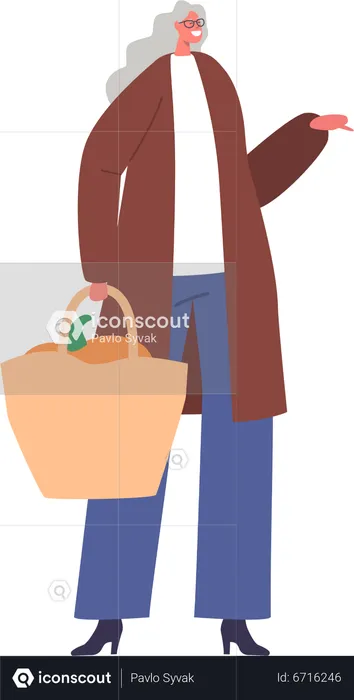 Personaje femenino senior con bolsa de compras  Ilustración