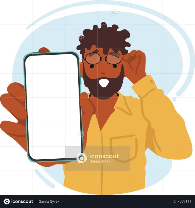 Personaje de hombre negro sorprendido mostrando la pantalla de su teléfono inteligente  Ilustración