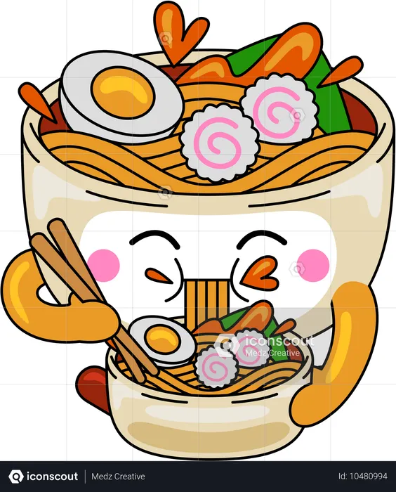 Personaje de mascota de ramen comiendo ramen  Ilustración