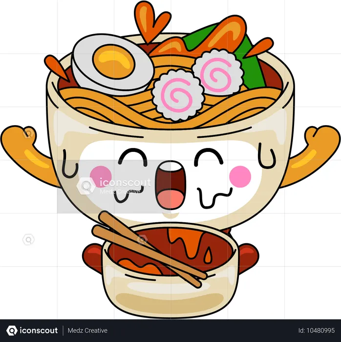 Personaje de mascota de ramen con tazón de ramen  Ilustración