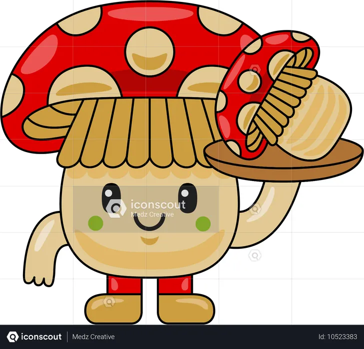 Personaje mascota hongo sosteniendo un plato de hongos  Ilustración