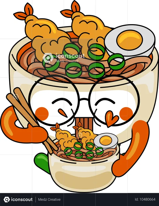 Personaje mascota de Udon comiendo Udon  Ilustración