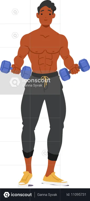 Personaje masculino musculoso, culturista, sosteniendo mancuernas  Ilustración