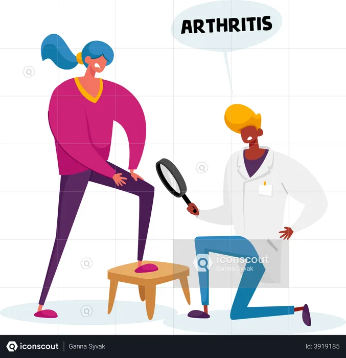 Carácter médico artrólogo con reloj de lupa en la rodilla del paciente con artritis  Ilustración