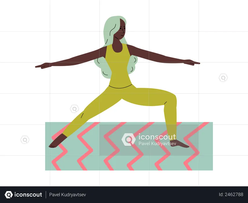 Personaje de mujer joven practicando yoga en una alfombra colorida  Ilustración