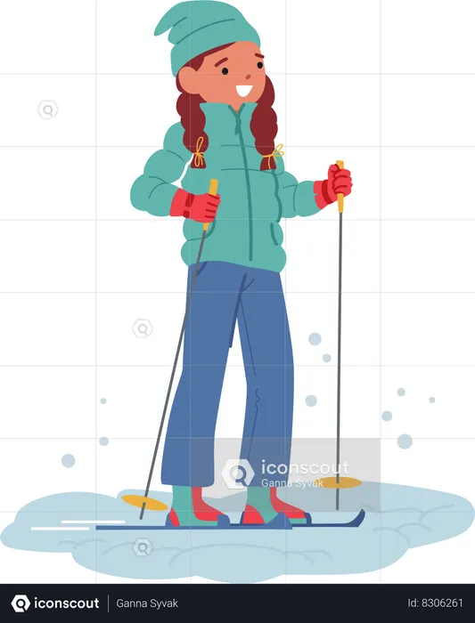 Personaje de niña se desliza con gracia por laderas cubiertas de nieve  Ilustración