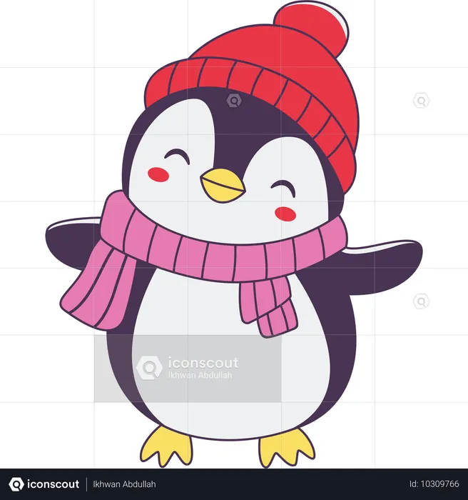 Personaje de pingüino con sombrero de chal en temporada de invierno  Ilustración