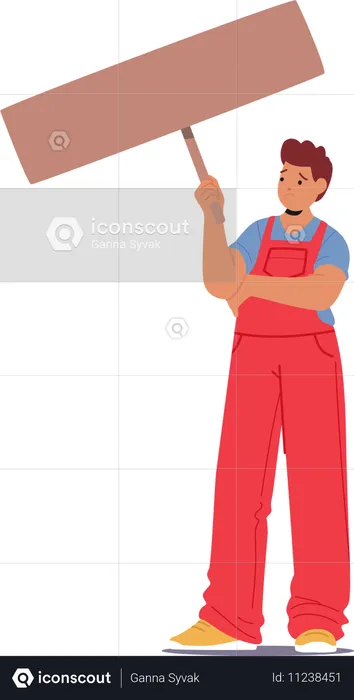 Personaje trabajador con mono rojo sosteniendo un cartel vacío y luciendo decepcionado  Illustration