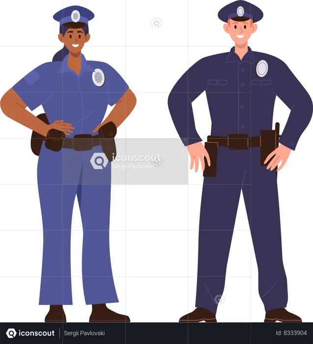 Personajes de policía joven adulto hombre y mujer vistiendo uniforme  Ilustración