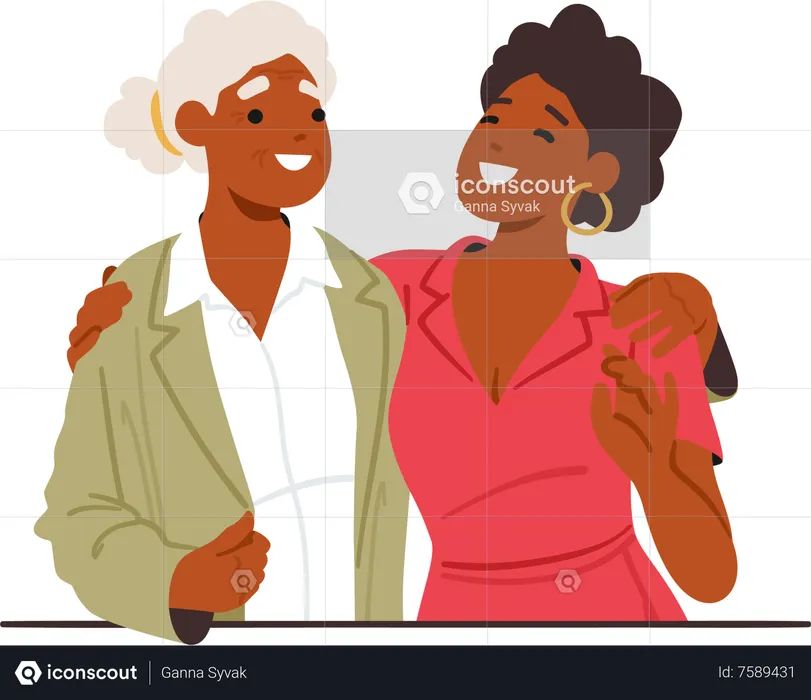 Personajes de mujeres jóvenes y ancianas unidos en un abrazo  Ilustración