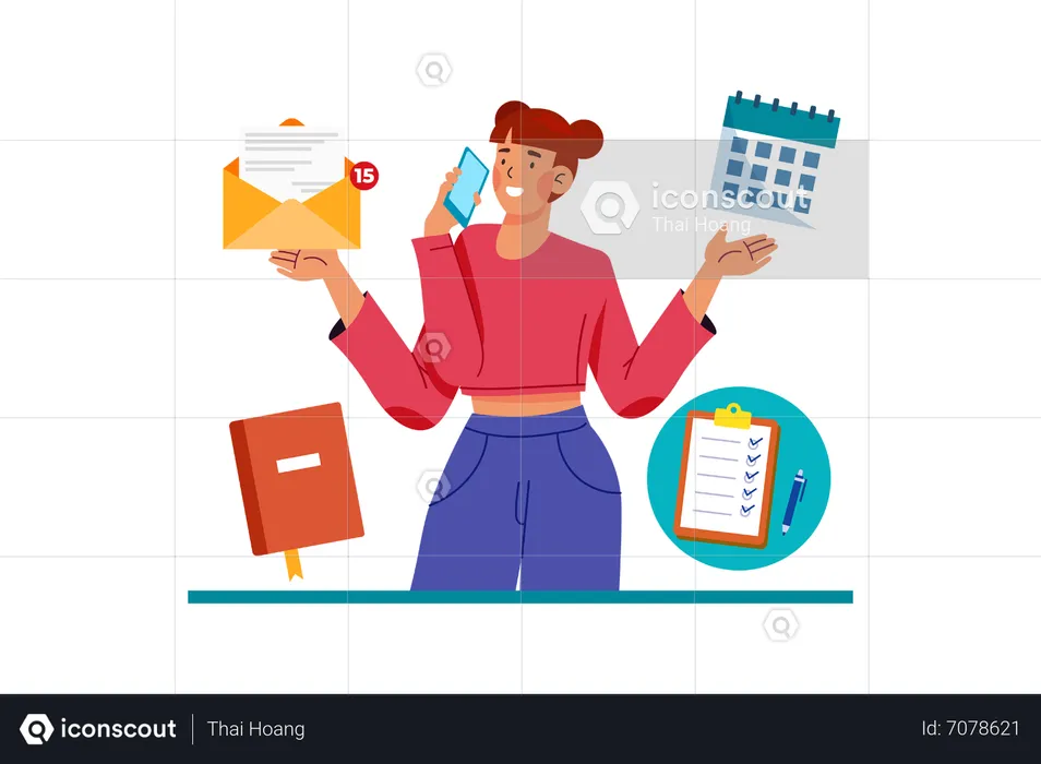 Personal assistant scheduling meetings and managing email while on phone calls  Illustration