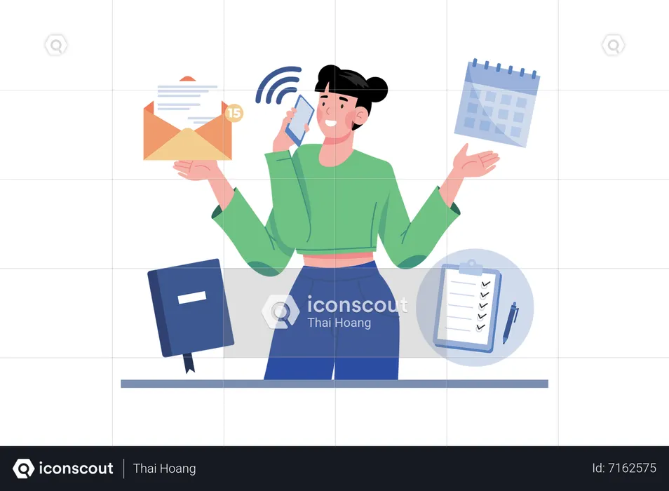 Personal assistant scheduling meetings and managing email while on phone calls  Illustration