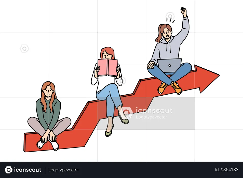 Personal development of woman getting good internet job by reading books and sitting on growing graph  Illustration