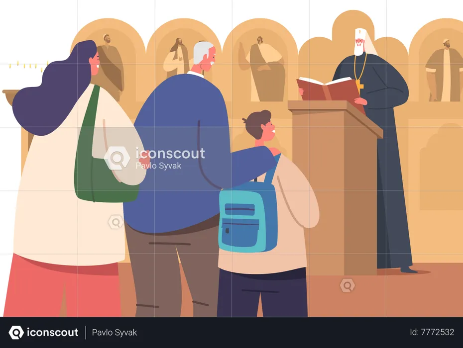 La gente asiste al culto sacramental en la iglesia ortodoxa  Ilustración