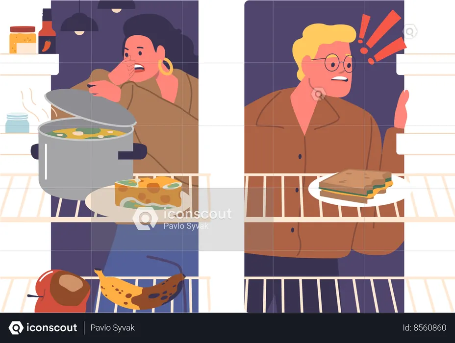 Personas con ojos hambrientos escanean el refrigerador  Ilustración