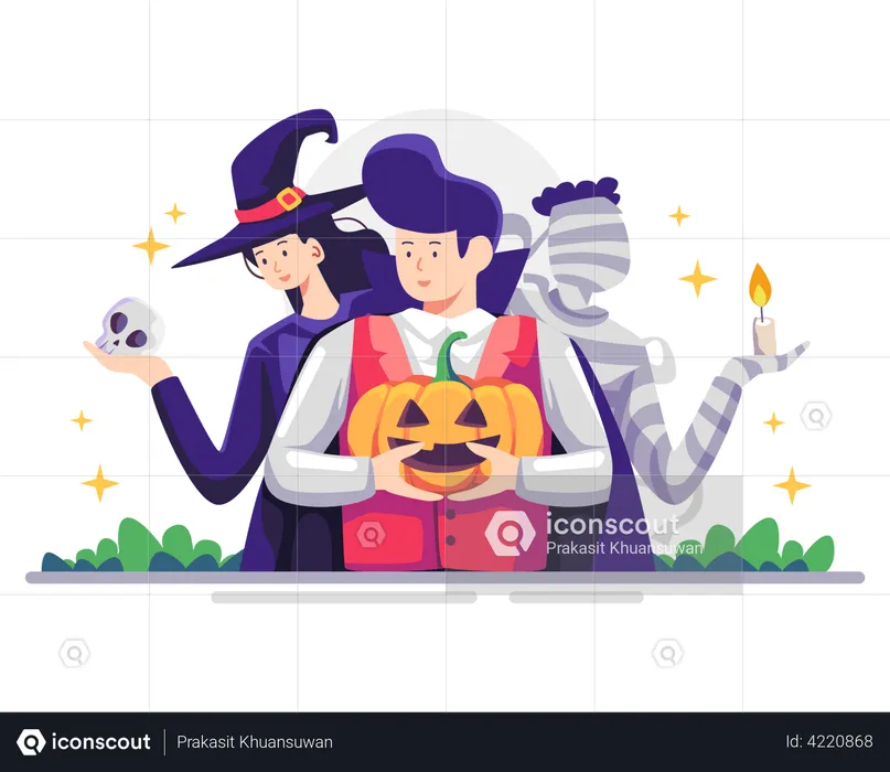 Personas vestidas con ropa de Halloween en fiesta  Ilustración